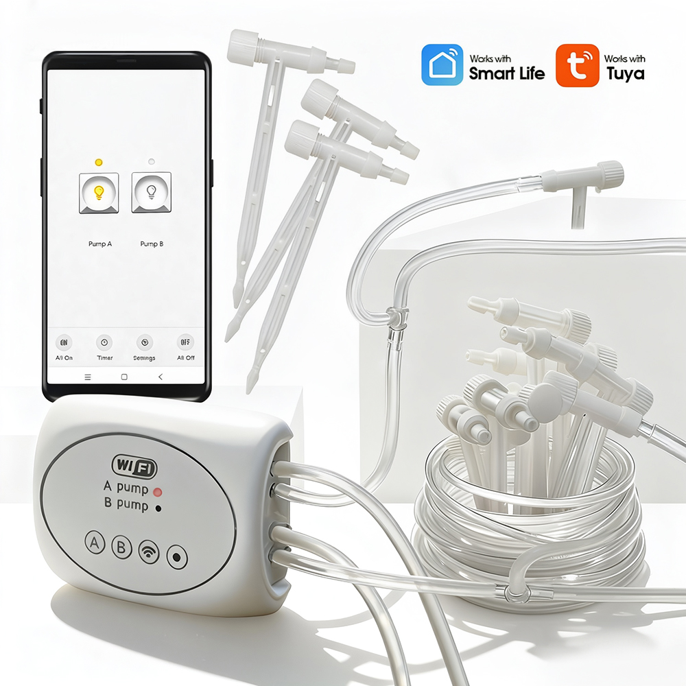 Timer Dual Outlet - ระบบชลประทานแบบหยดน้ำด้วยปั๊มพร้อมตัวตั้งเวลาแบบ Wifi ช่องเสียบคู่ สำหรับสวนในบ้าน ควบคุมระยะไกล วาล์วปรับระดับได้