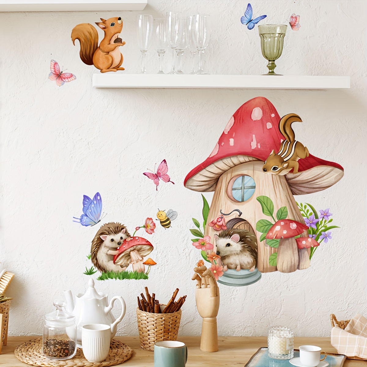 Pvc Panel Background - สติ๊กเกอร์ติดผนังรูปเห็ดผีเสื้อสัตว์หลากหลายชนิด 1 ชิ้น สำหรับตกแต่งผนังห้องนั่งเล่น สติ๊กเกอร์ติดผนังแบบมีกาวในตัว